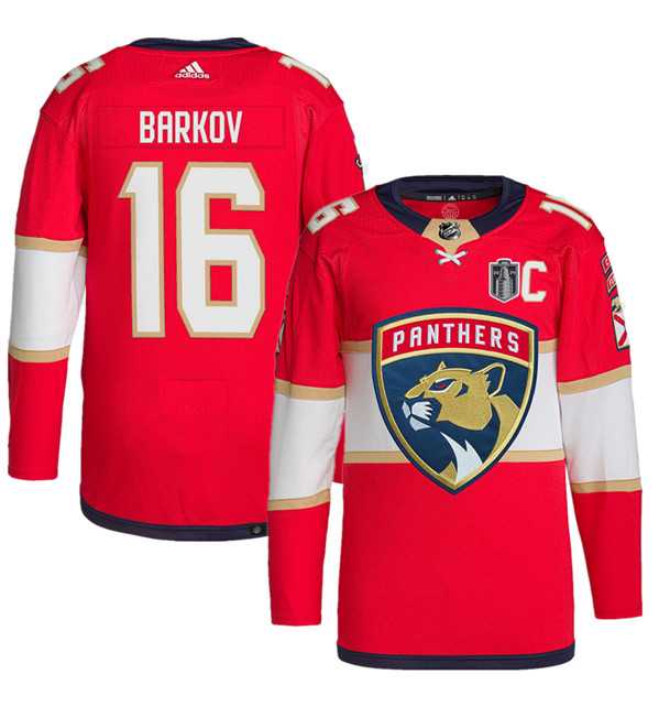 Mens Florida Panthers #16 Aleksander Barkov Red 2024 Stanley Cup Final Patch Stitched Jersey Dzhi->florida panthers->NHL Jersey